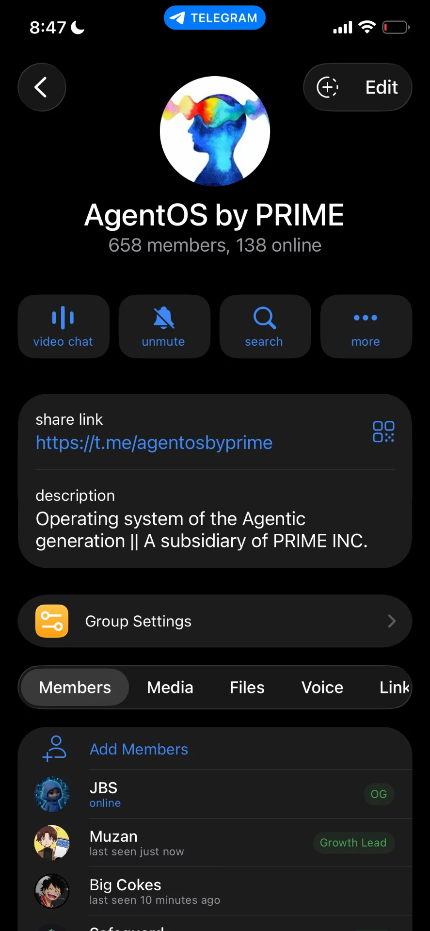 AgentOS by PRIME Telegram community showing JBS as an OG KOL