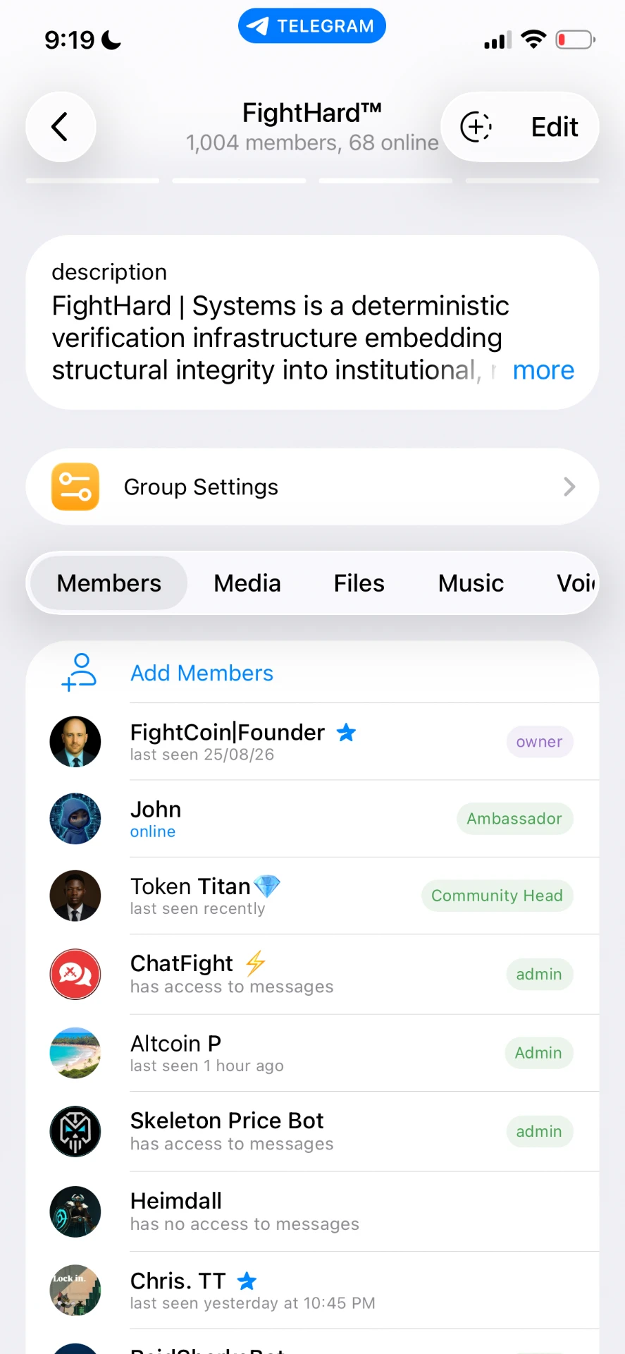 FH Protocol (FightHard) Telegram community showing John as a Web3 Ambassador