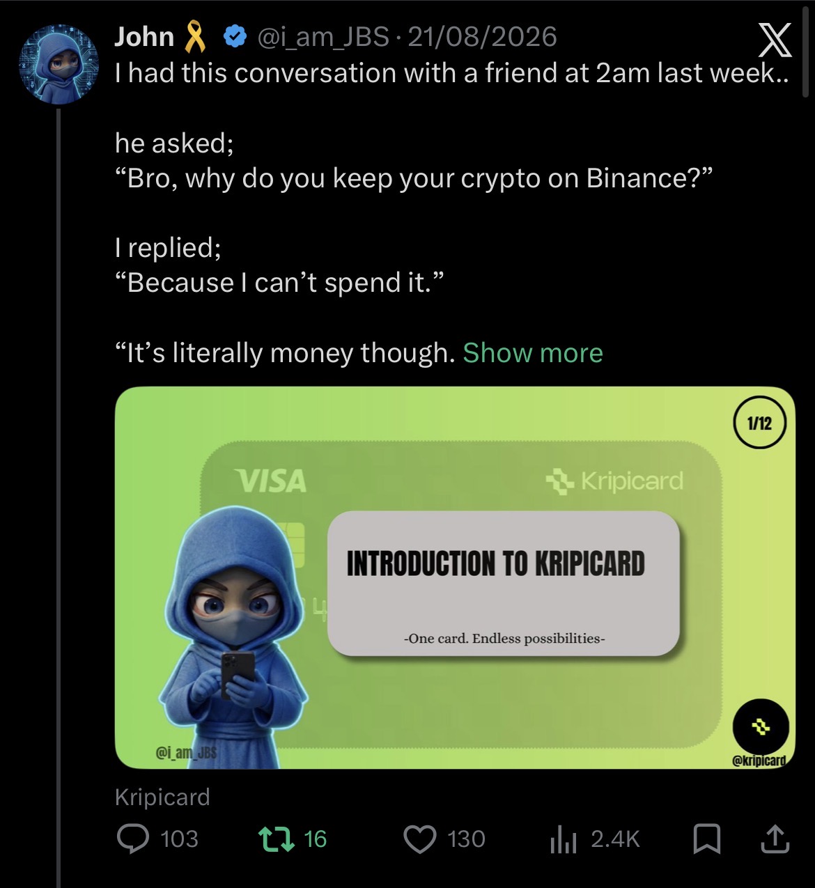 X product explainer from @i_am_JBS — Kripicard intro carousel, 1/12