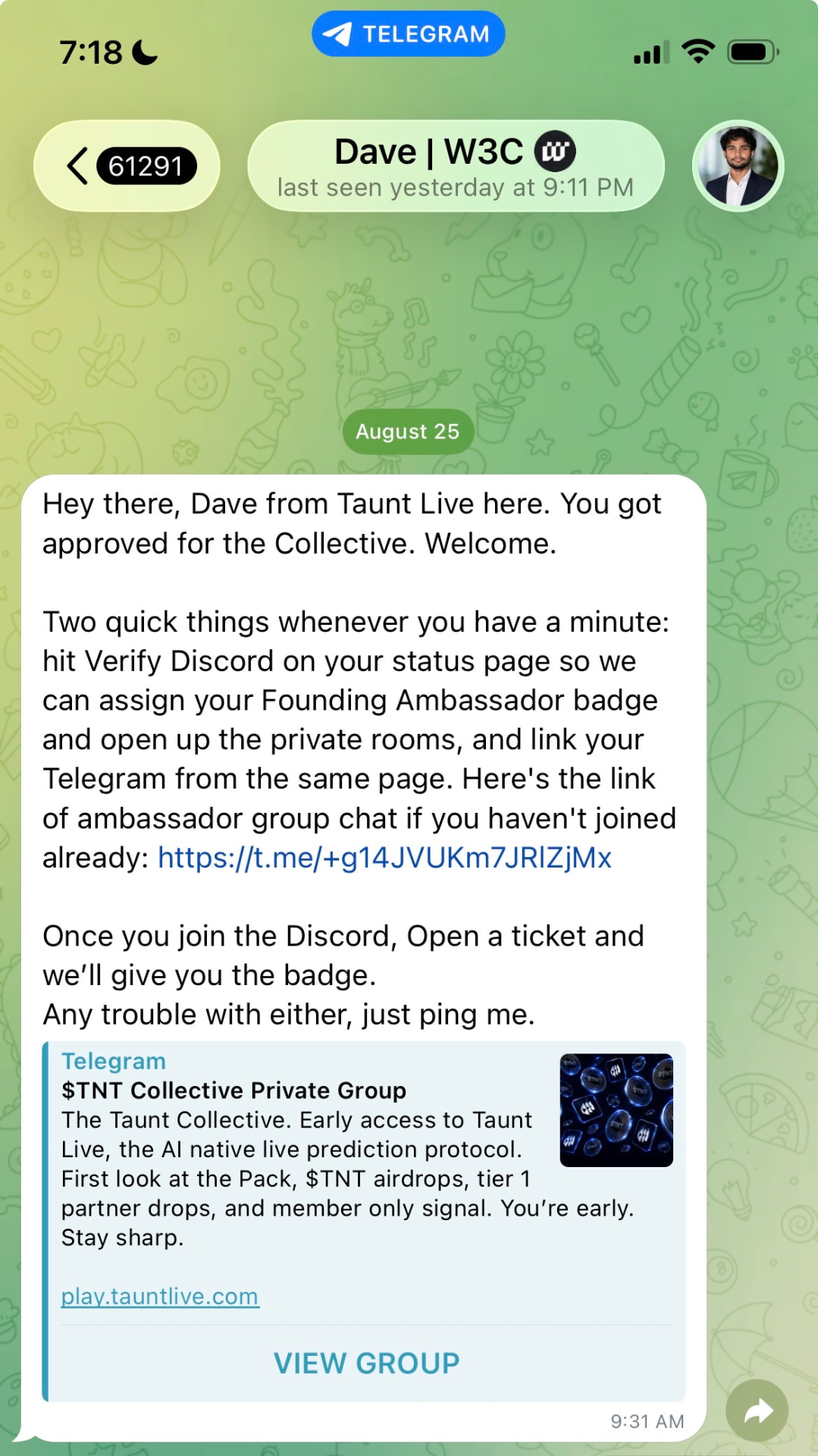 Taunt Live Telegram message welcoming John into the Collective as a Founding Ambassador
