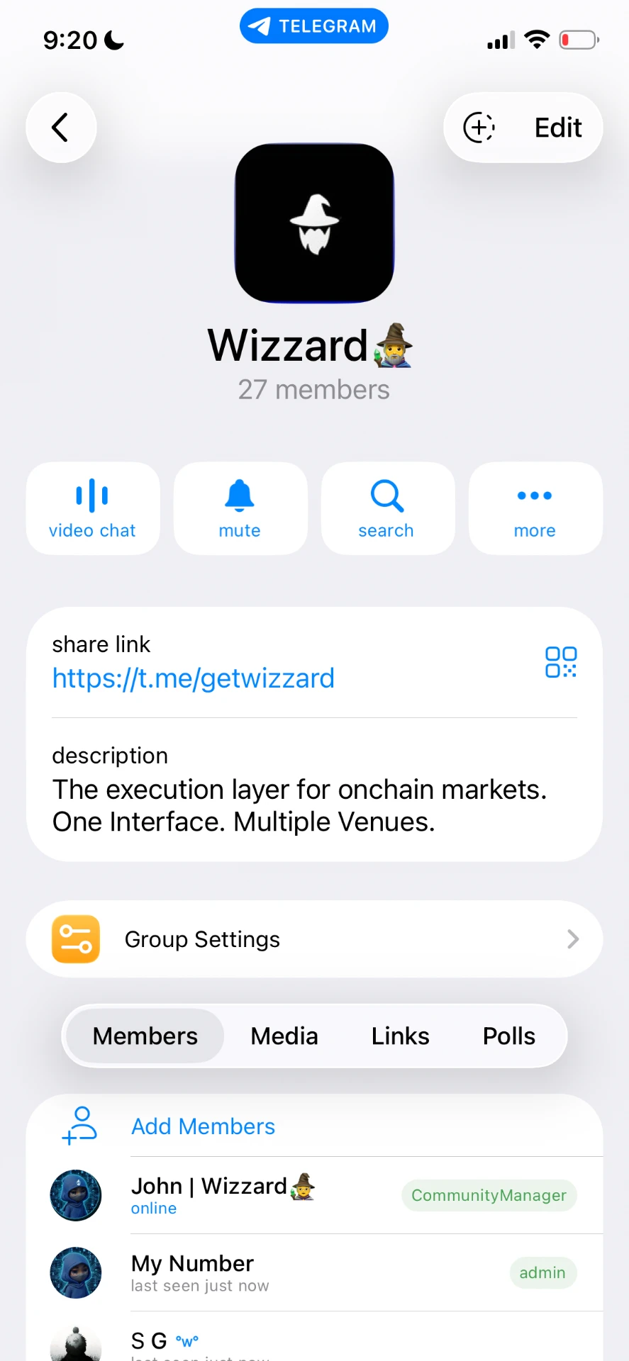 Get Wizard Telegram community showing John as Chief Community Manager