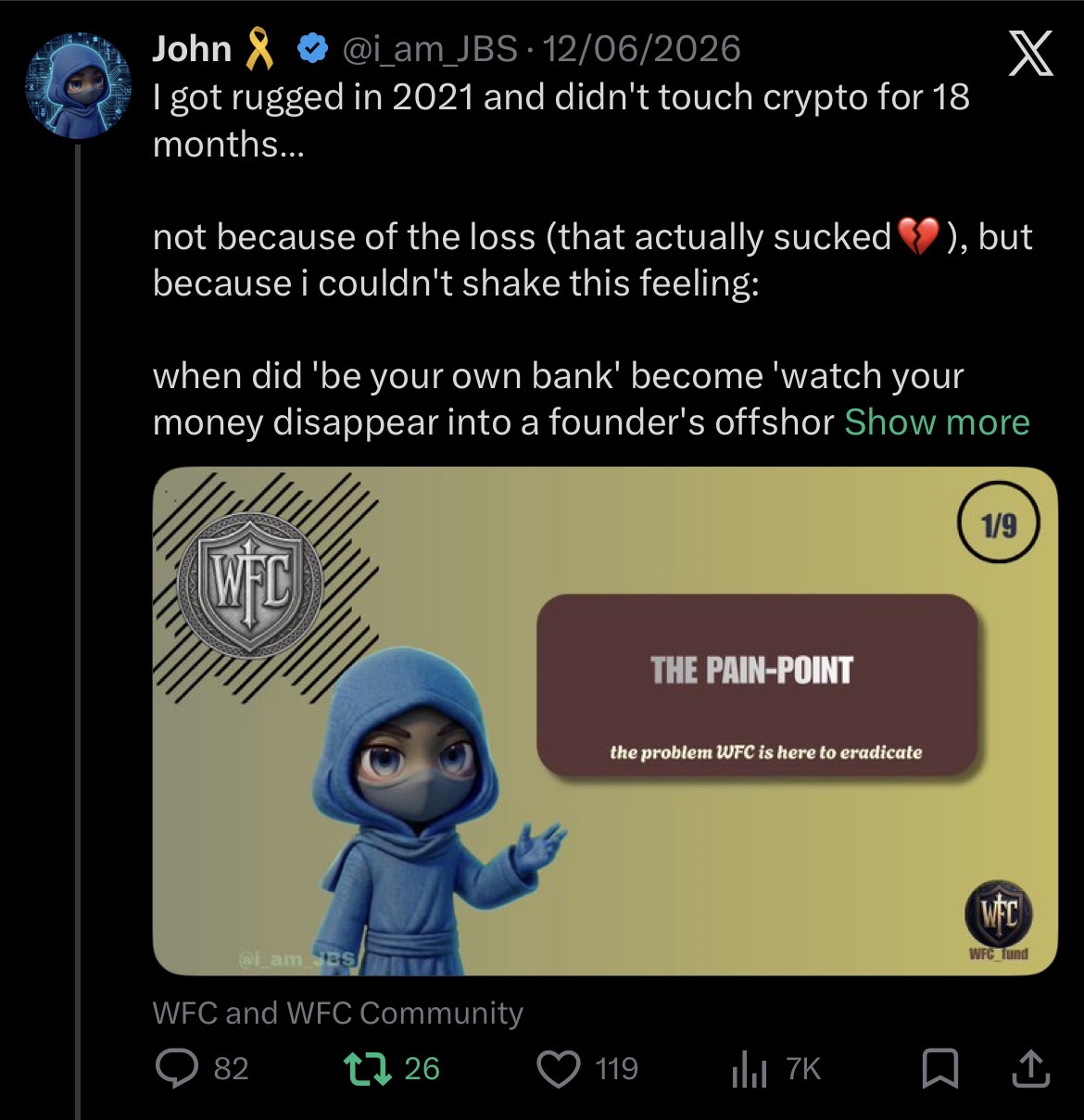 X post from @i_am_JBS — WFC pain-point thread opening, 1/9